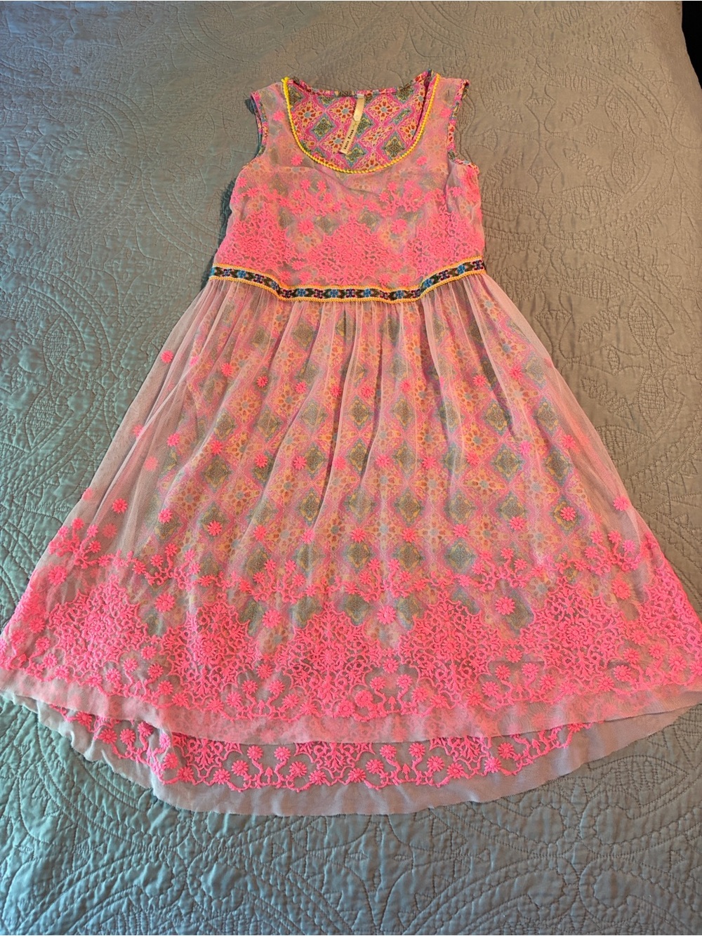 Uncle Frank Hot Pink Lace & Embroidered Mesh Dress
